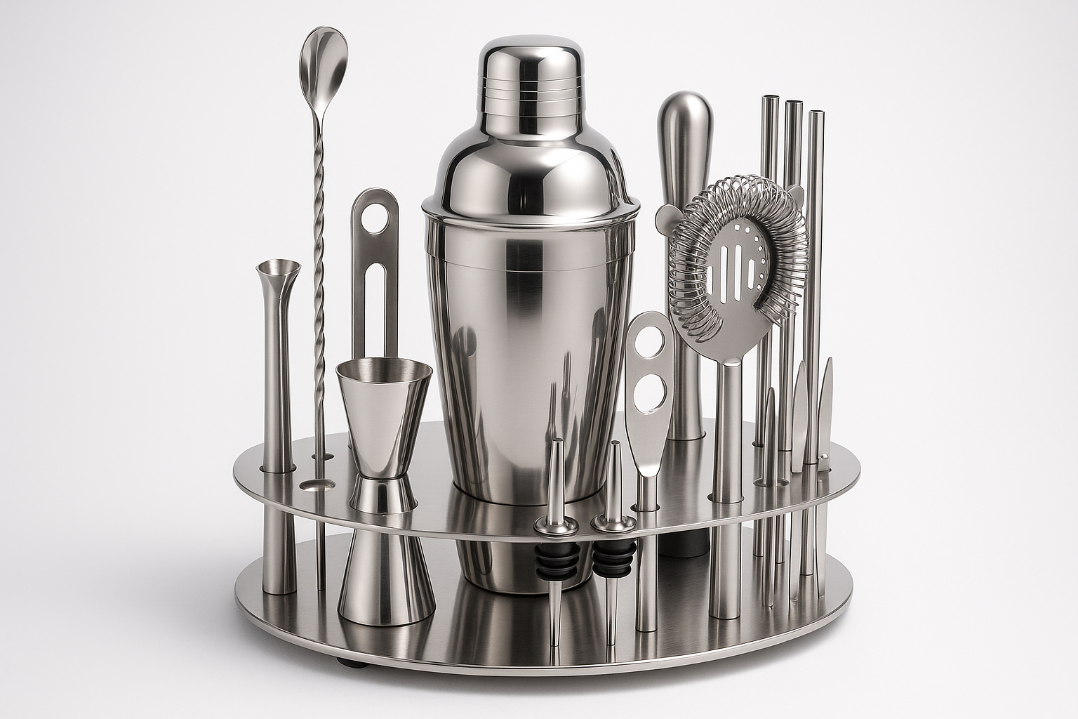 VAVSEA Cocktail Shaker Set with Rotatable Stand, Mixology Bartender Kit Bar Tool Set for Drink Mixing Home Lounge Party Bar Accessories with Straws & Spoon, Silver, 19pcs